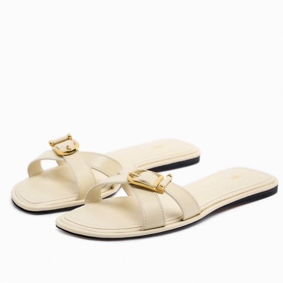ZARA FLAT LEATHER SANDAL WITH BUCKLE - Picture 1 of 5